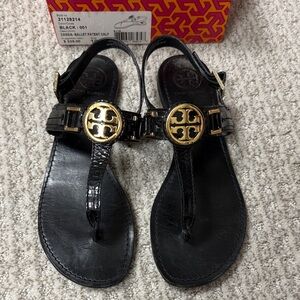 Tory Burch, Cassia, Black Patent Sandals with Gold Accent. Size 10.